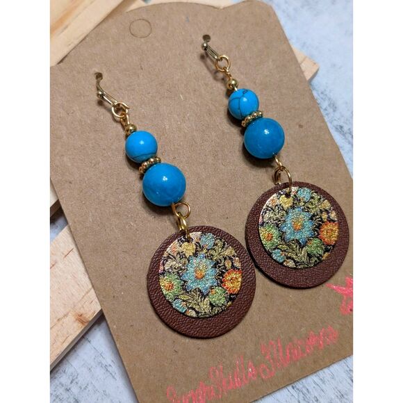 Bohemian Floral Leather Drop Earrings - Picture 2 of 3